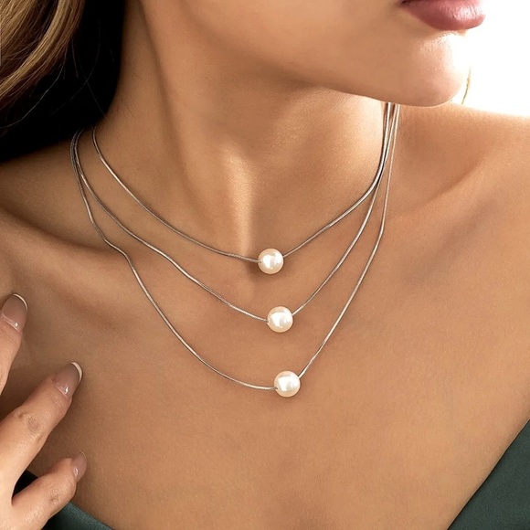 Fashion Jewelry - Triple Silver Layered Snake Chain each with a Single Pearl
